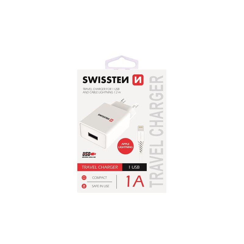 Swissten dobíjecí adaptér SMART IC, CE 1x USB 1 A POWER bílý+Datový kabel  USB / Lightning