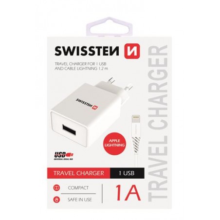Swissten dobíjecí adaptér SMART IC, CE 1x USB 1 A POWER bílý+Datový kabel  USB / Lightning