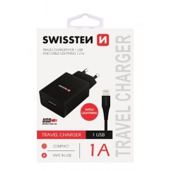 Swissten dobíjecí adaptér SMART IC,CE 1x USB 1 A ČERNÝ+DATOVÝ KABELSWISSTEN USB/ Lightning