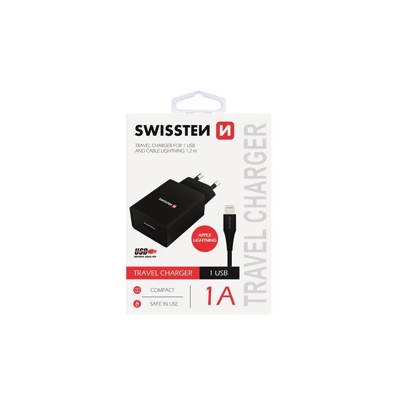 Swissten dobíjecí adaptér SMART IC,CE 1x USB 1 A ČERNÝ+DATOVÝ KABELSWISSTEN USB/ Lightning